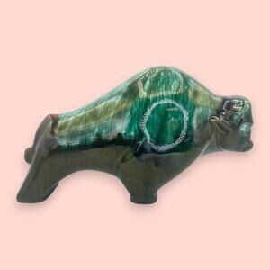 Blue Mountain Pottery Bull Sculpture Green Drip Glaze Vintage Canadian Art